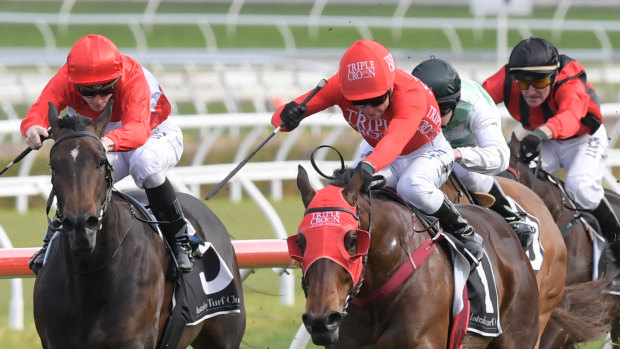 Redlining: Redzel kicks clear of Invincible Star in the Concorde Stakes.