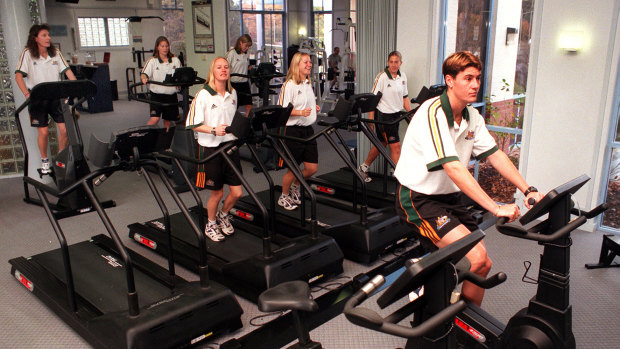 Alicia Ferguson training at the Hyatt Gym in the back row with her Matildas teammates in 1999. 