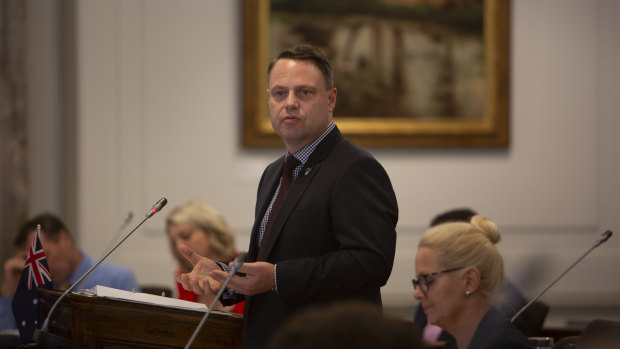 Lord mayor Adrian Schrinner speaking in the council chambers.