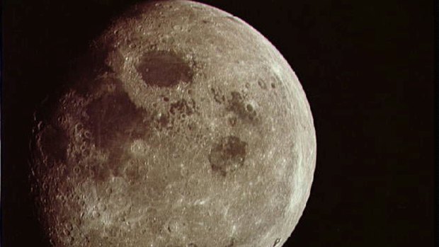 A nearly full moon seen from the Apollo 8 spacecraft.