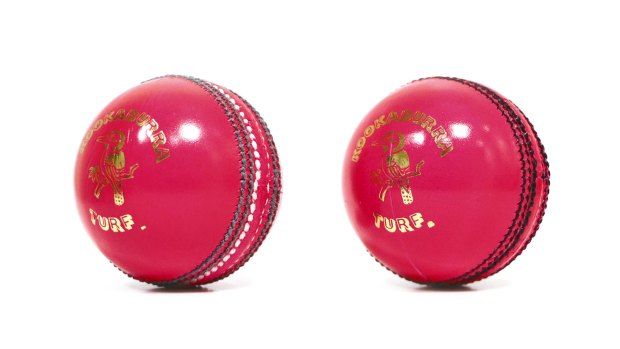 The pink ball, produced by Kookaburra for day-night Tests.