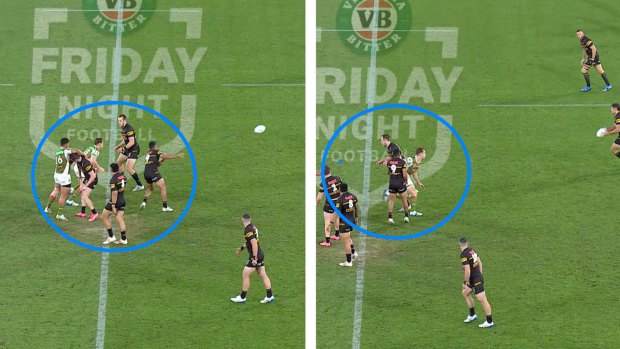 The Rabbitohs believe Penrith’s Isaah Yeo moves backwards to block Cameron Murray from putting pressure on Nathan Cleary during the round 23 game a fortnight ago.