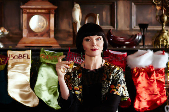 Essie Davis as the TV Phryne Fisher. Her character is more forthright about sex in Kerry Greenwood’s novels.