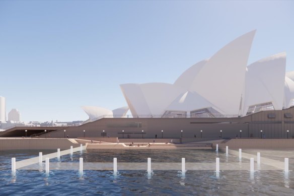 A group of students, including Rhys Grant, participating in the Opera House’s MADE project, floated the idea of a harbour pool on the eastern side of the Opera House. It would encourage the public to visit the area by offering free recreational activities.
