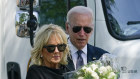 President Joe Biden and first lady Jill Biden visit a memorial at Robb Elementary School ion Sunday.
