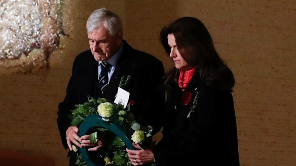 Chair of the Australian War Memorial Kerry Stokes and Christine Simpson Stokes lay  a wreath at the Tomb of the Unknown Australian Soldier in Canberra on Saturday morning.
