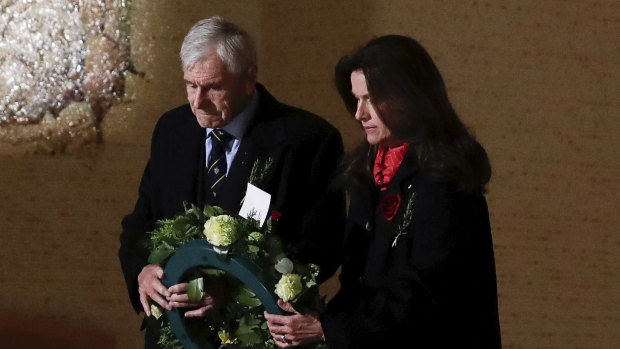 Chair of the Australian War Memorial Kerry Stokes and Christine Simpson Stokes lay  a wreath at the Tomb of the Unknown Australian Soldier in Canberra on Saturday morning.