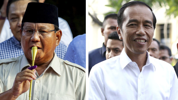 President Joko Widodo, right, has claimed victory, setting the stage for potential protests by supporters of his challenger Prabowo Subianto, left.