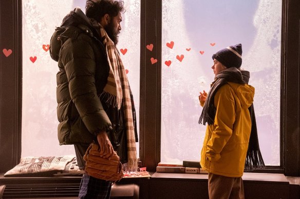 Himesh Patel as Jeevan and Matilda Lawler as the young Kirsten in <i>Station Eleven</i>.