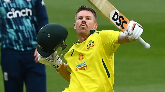 David Warner celebrates scoring a one-day century against England in Melbourne during November.