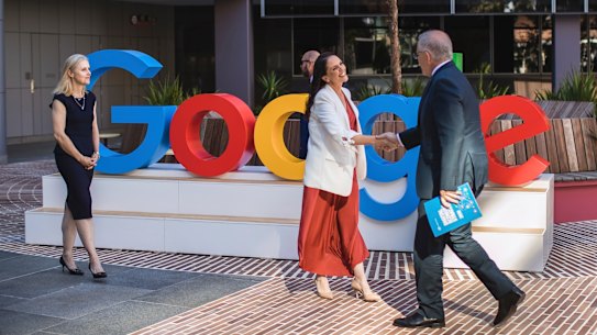 Google Australia Mel Silva greets Prime Minister Scott Morrison at the company’s Sydney offices.