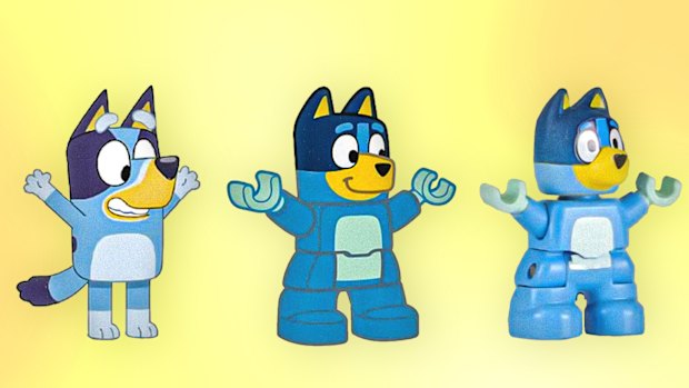 Artwork comparing the cartoon version of Bluey with designs for the Lego version and the final minifig.