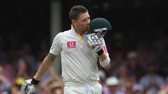 Michael Clarke kisses his helmet after bringing up his triple century in 2012.