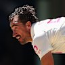 Mitchell Starc in full flight during the fifth Ashes Test in January.