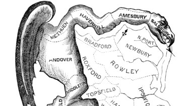 A political cartoon, printed in 1812, satirises the bizarre shape of a gerrymandered district in Essex County, Massachusetts, as a dragon-like monster. 