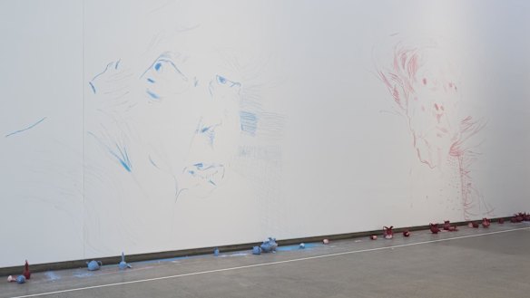 Ben Quilty's sketches of Margaret Olley at GOMA. The chalk objects underneath were used to create the masterpiece.
