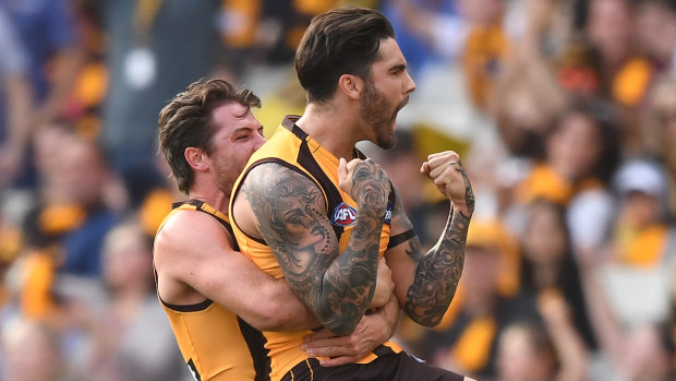 Happy Hawks: Isaac Smith (left) and Chad Wingard.