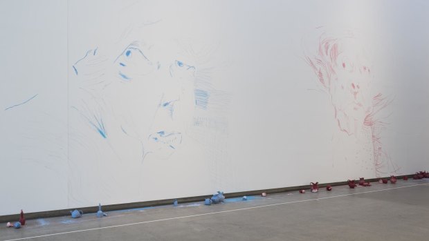 Ben Quilty's sketches of Margaret Olley at GOMA. The chalk objects underneath were used to create the masterpiece.