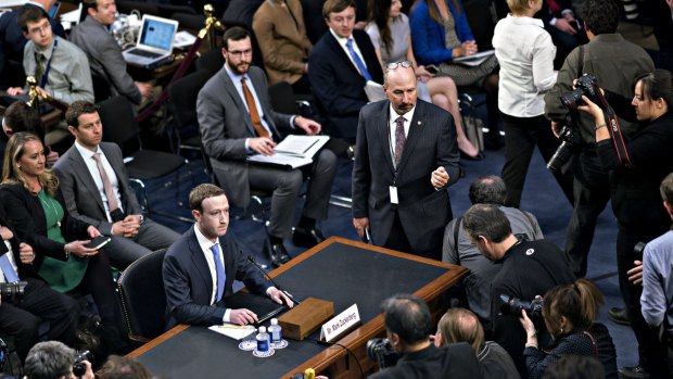 Mark Zuckerberg at the witness table during a joint hearing of the US Senate Judiciary and Commerce Committees in Washington in April.