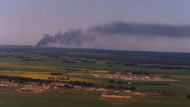 Smoke from the fire at the Esso plant is visible for kilometres.