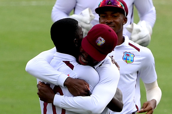 Shamar Joseph feeling the love after his fifth wicket.