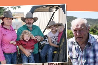 Alinta Energy pursued 80-year-old David White (right), and his family (left) for bankruptcy while bushfires threatened their dairy farm in King Valley in Victoria's High Country. Picture: Ron Ekkel
