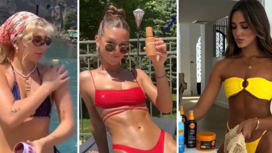 Still images from TikTok ads for Australian self-tanning products.