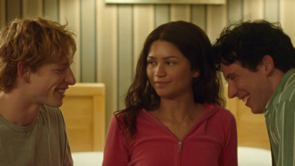 Zendaya with Mike Faist (left) and Josh O’Connor in <i>Challengers</i>.