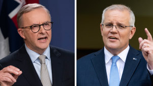 Scott Morrison, right, is running on his record and warning of the risk of change while Anthony Albanese is promising a better future.