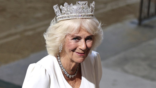 Queen Camilla wearing the Diamond Diadem arrives at the Houses of Parliament, Victoria Tower  Sovereign's Entrance for the State Opening of Parliament  in London, Wednesday, July 17, 2024. ( Chris Jackson/POOL via AP)