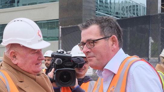 Lindsay Fox with Premier Daniel Andrews in June at the site of the Paula Fox Melanoma and Cancer Centre