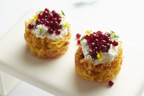 Potato bhaji with goat’s curd and shiraz caviar.