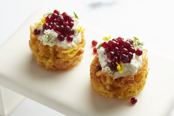 Potato bhaji with goat’s curd and shiraz caviar.