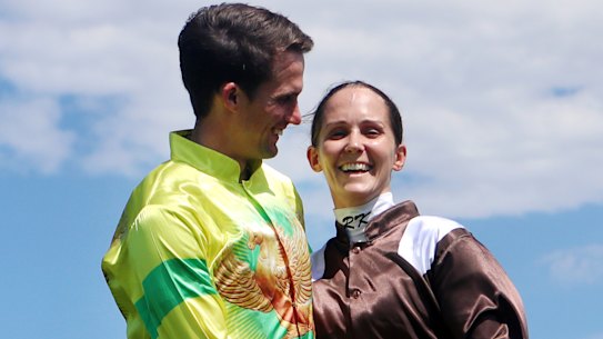 Jockey couple Blake Spriggs and Rachel King, who will become the first female to ride in The Everest.