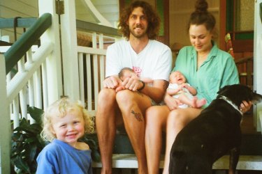Swans ruckman Tom Hickey with son Lou, wife Chloe and six month old twins Olive and Delma.