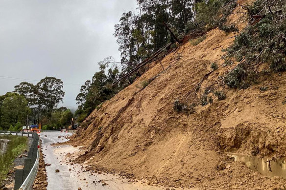 The slow-moving landslide that has closed Bogong High Plains Road after heavy rain last year.