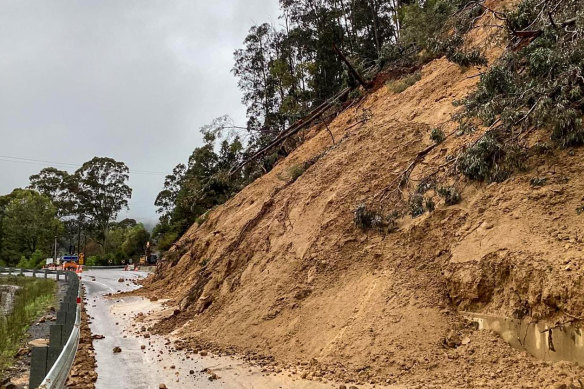 The slow-moving landslide that has closed Bogong High Plains Road after heavy rain last year. 