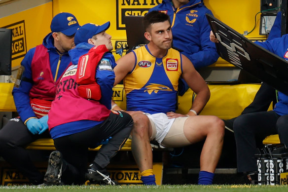 Elliot Yeo looks on from the bench after leaving the field with an injury during the Eagles’ round 16 match against Richmond.