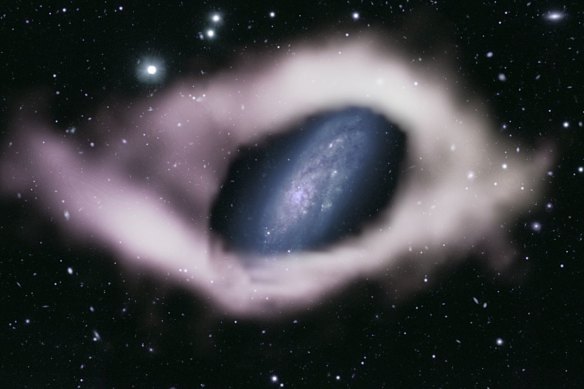 The “cosmic ribbon” of a polar ring galaxy captured by the CSIRO’s ASKAP radio telescope.