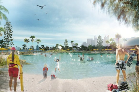 The proposal includes three beaches, a lagoon, and a new ferry stop. 