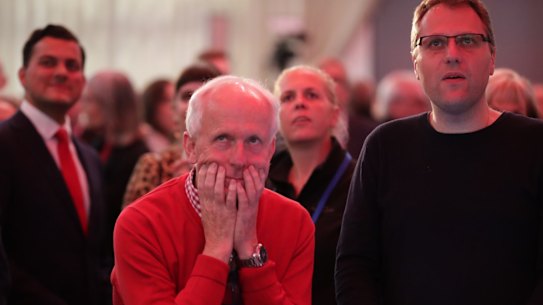 Election night function for Opposition Leader Bill Shorten at Hyatt Place in Melbourne, Victoria, on Saturday 18 May 2019. 2019 election campaign with Opposition Leader Bill Shorten. fedpol ausvotes19 election19 Photo: Alex Ellinghausen