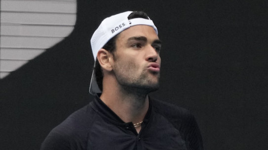 Matteo Berrettini in his Hugo Boss uniform during a practice session against Russia’s Andrey Rublev ahead of the Australian Open, on Friday, Jan. 13, 2023