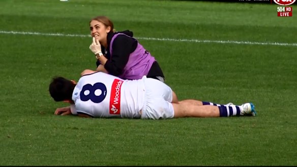 Docked: Fremantle's Andrew Brayshaw left the ground bleeding from the mouth after an incident involving West Coast's Andrew Gaff.