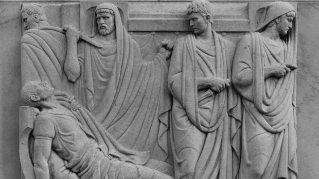 The bas-relief sculpture of Julius Caesar showing the assassins with their knives turning away as Caesar dies at the Folger Shakespeare Library in Washington.