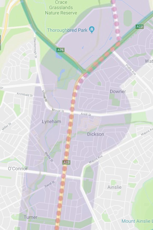 A modified extract of the ACT government's planning strategy. The purple shade indicates the areas earmarked for "urban intensification" 