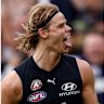 On the move? From left: Carlton’s Tom De Koning, Fremantle’s Luke Jackson, and West Coast’s Harley Reid.