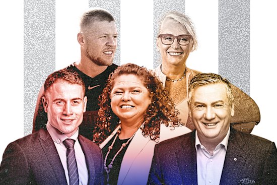 Collingwood influencers Paul Licuria (front left), Jodie Sizer , Eddie McGuire, Jordan De Goey (back left), and Sally Capp.