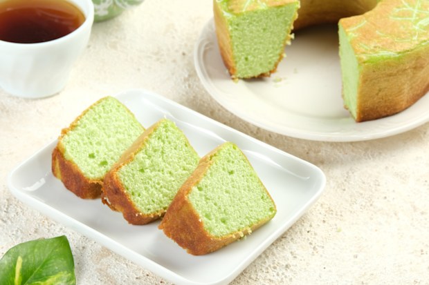 Homemade Pandan Round Sponge Cake or Pandan Chiffon Cake on White Plate so soft and Fluffy on White Table. Homemade Bakery Concept