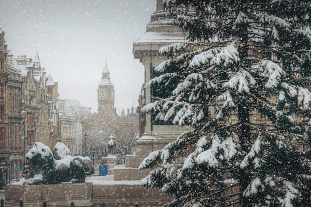 Trafalgar Square on a snowy Christmas day, London