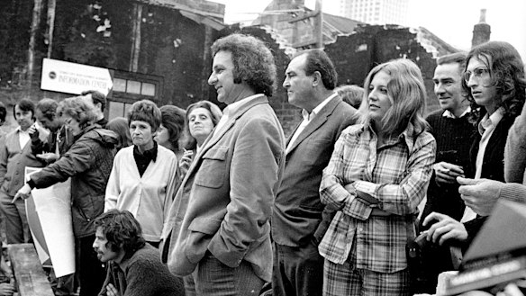Builders Labourers Federation official Jack Mundey among demonstrators who blockaded part of The Rocks in 1973.